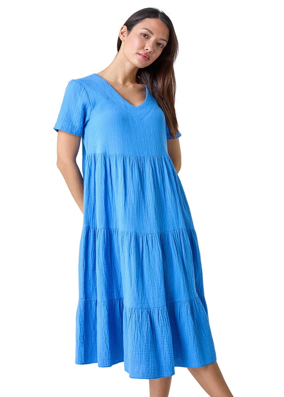 Roman Blue Cotton Textured Tiered Midi Dress
