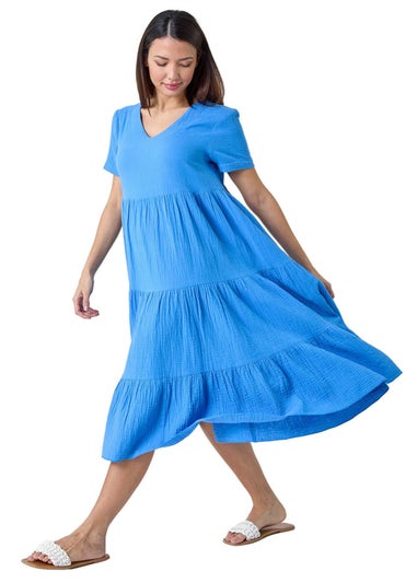 Roman Blue Cotton Textured Tiered Midi Dress