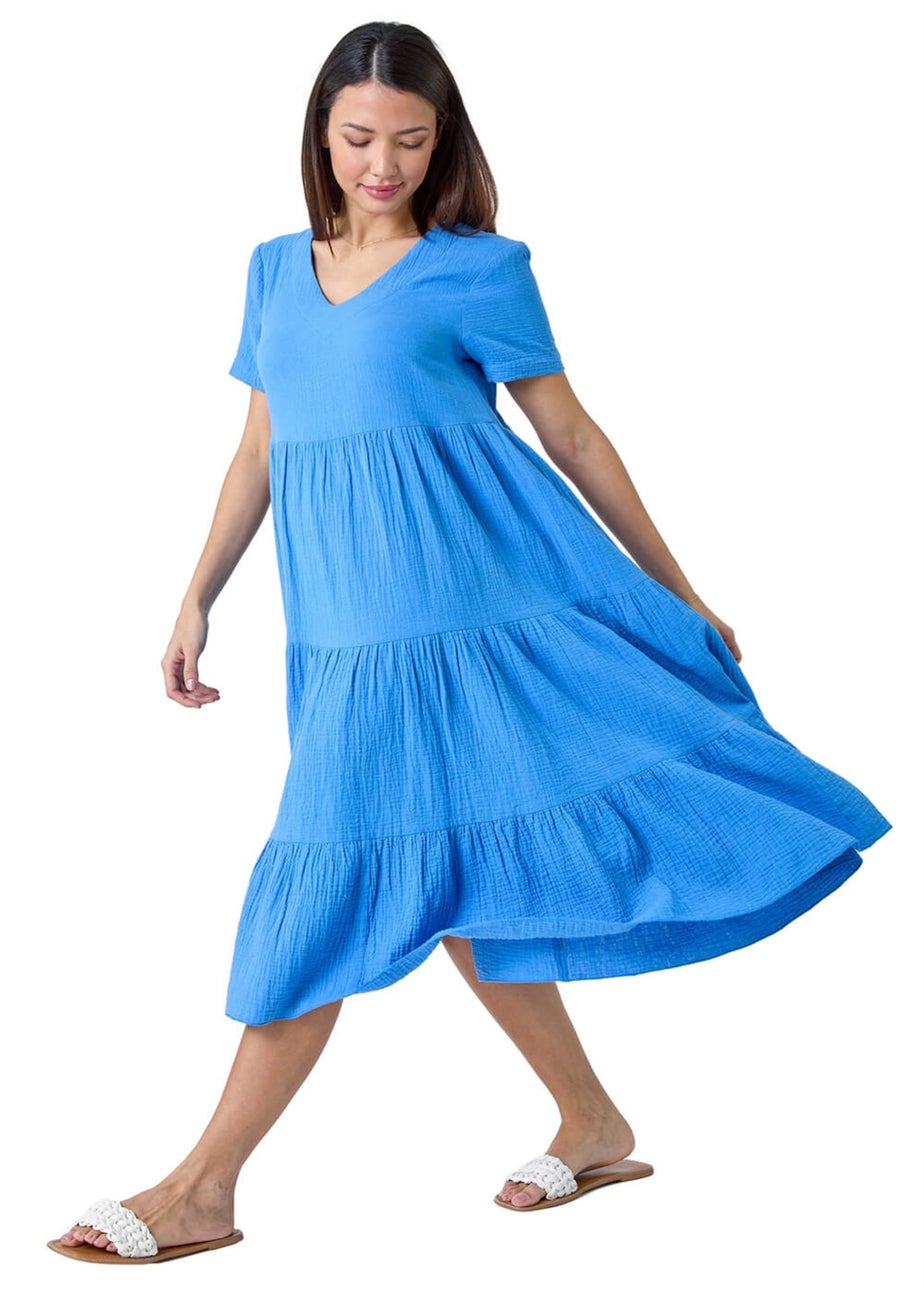 Roman Blue Cotton Textured Tiered Midi Dress