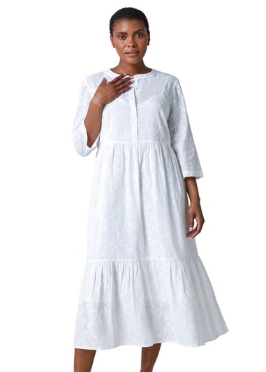 Roman White Embroidered Tiered Cotton Midi Dress