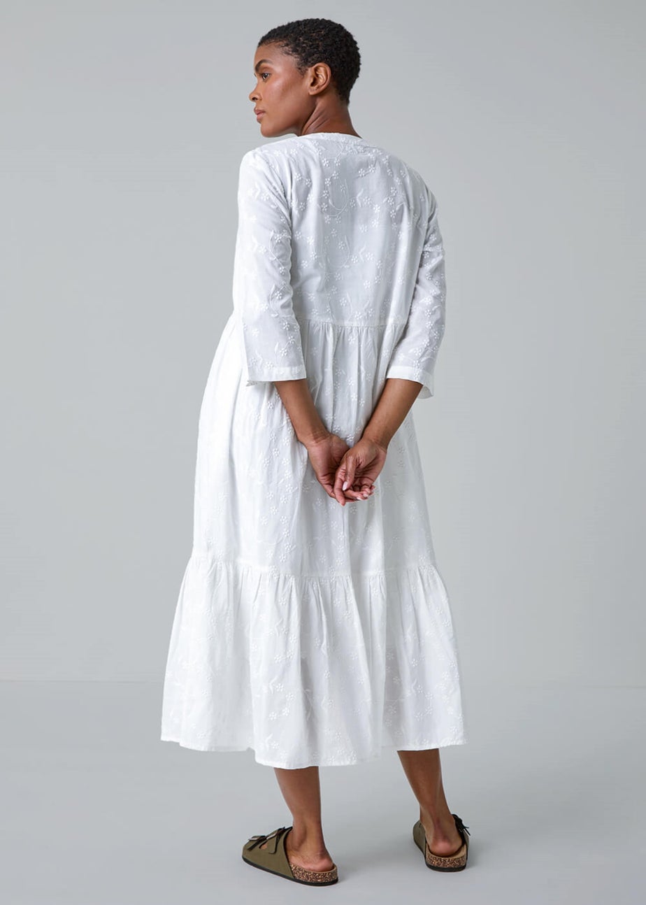 Roman White Embroidered Tiered Cotton Midi Dress