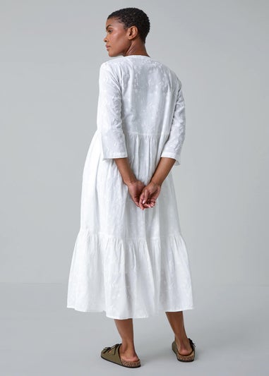 Roman White Embroidered Tiered Cotton Midi Dress