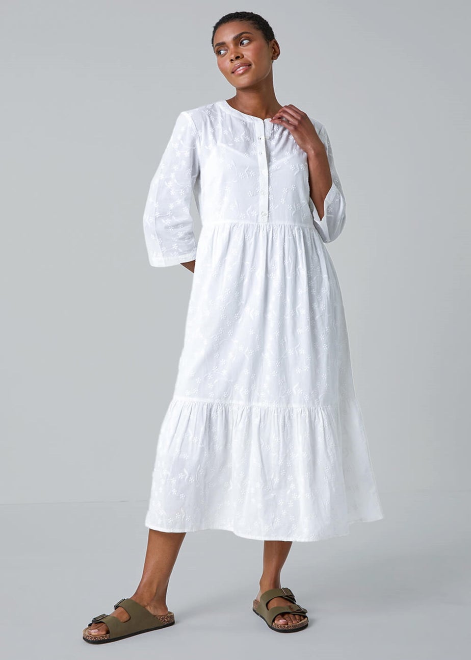 Roman White Embroidered Tiered Cotton Midi Dress