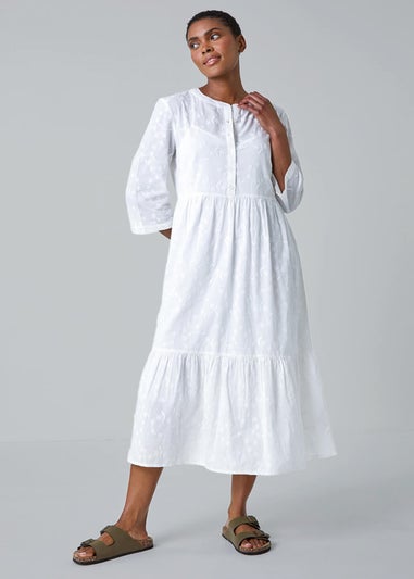 Roman White Embroidered Tiered Cotton Midi Dress