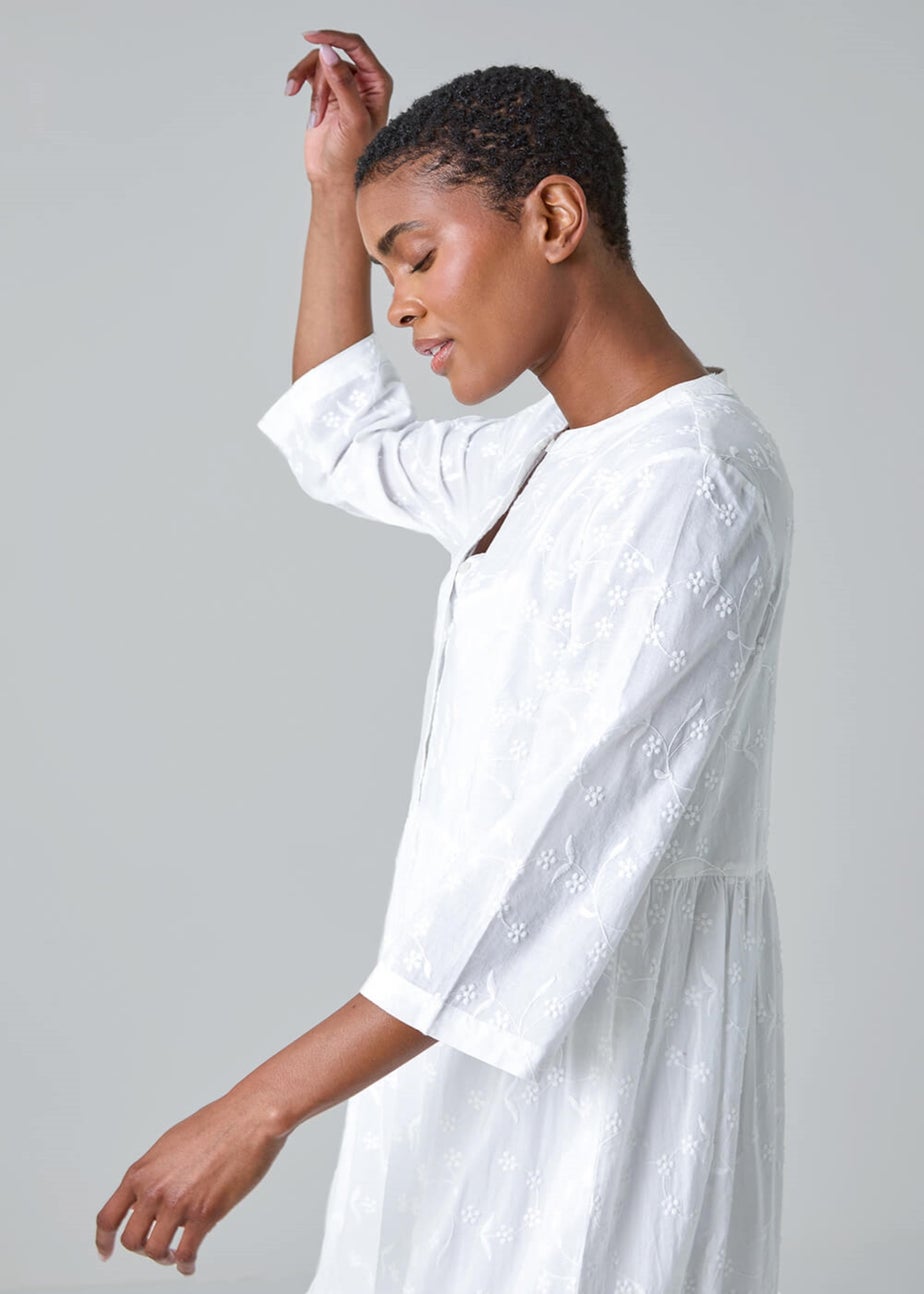 Roman White Embroidered Tiered Cotton Midi Dress
