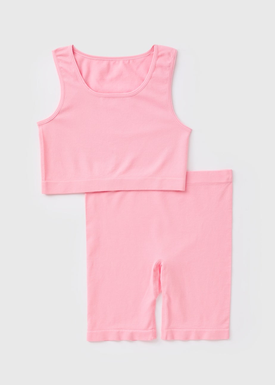 Girls Pink Seamless Top & Cycle Shorts Set (6-13yrs)