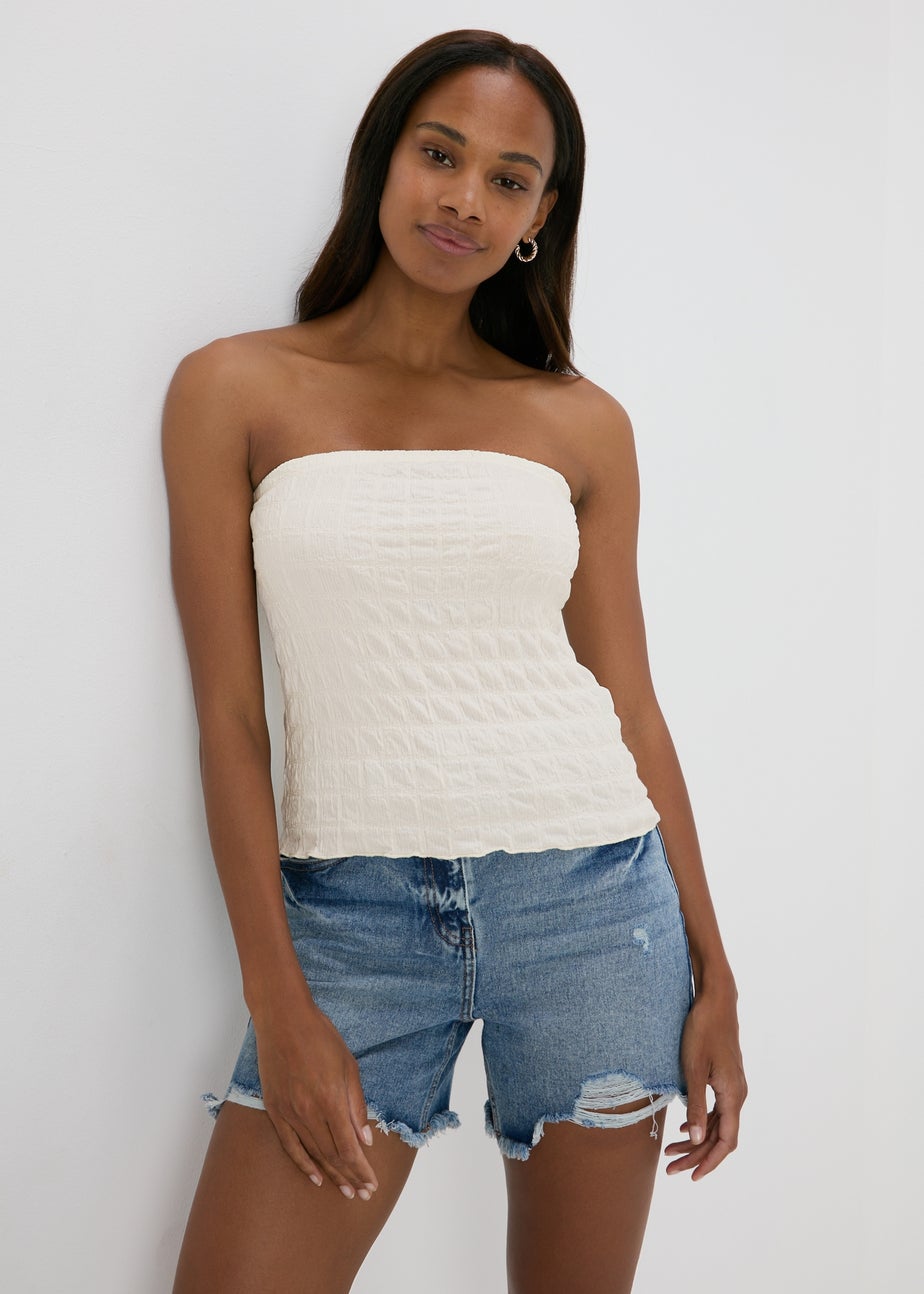 Cream Shirred Bandeau Crop Top