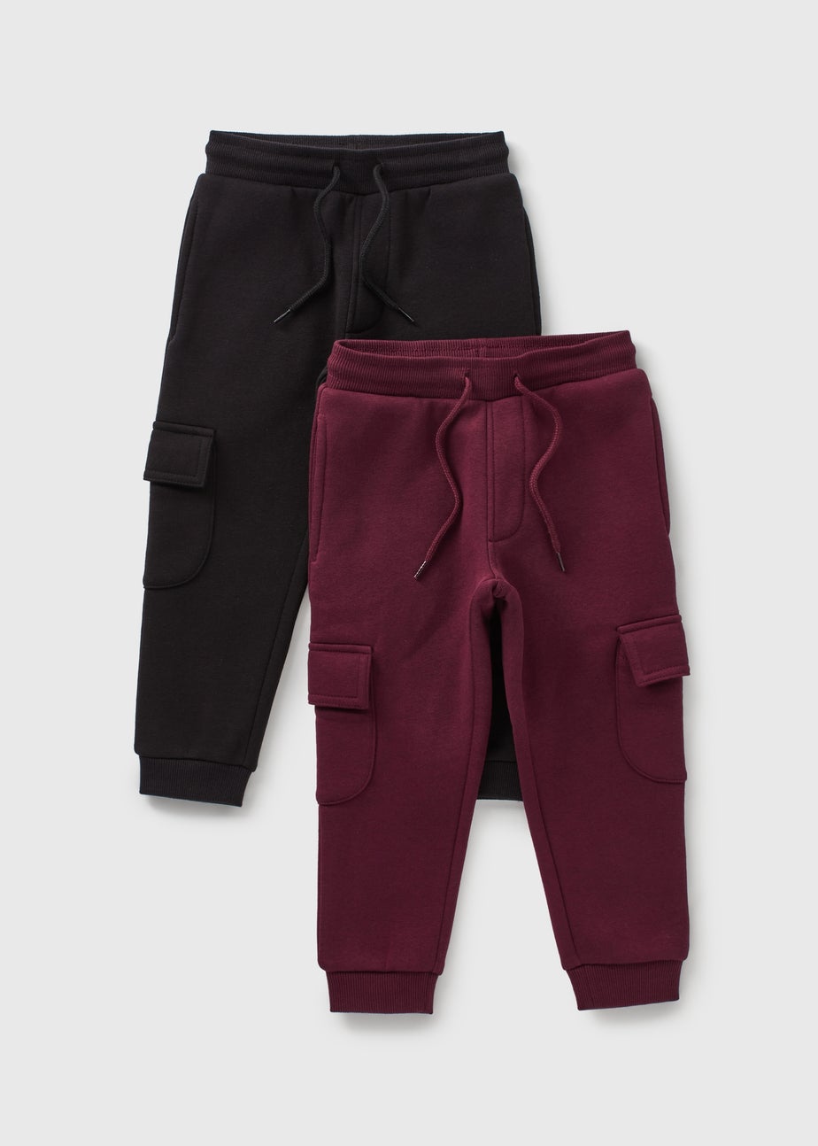 2 Pack Boys Black & Burgundy Cargo Jogging Bottoms (1-7yrs)