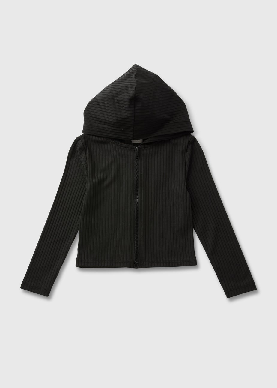 Girls Black Ribbed Zip Up Hoodie (7-15yrs)