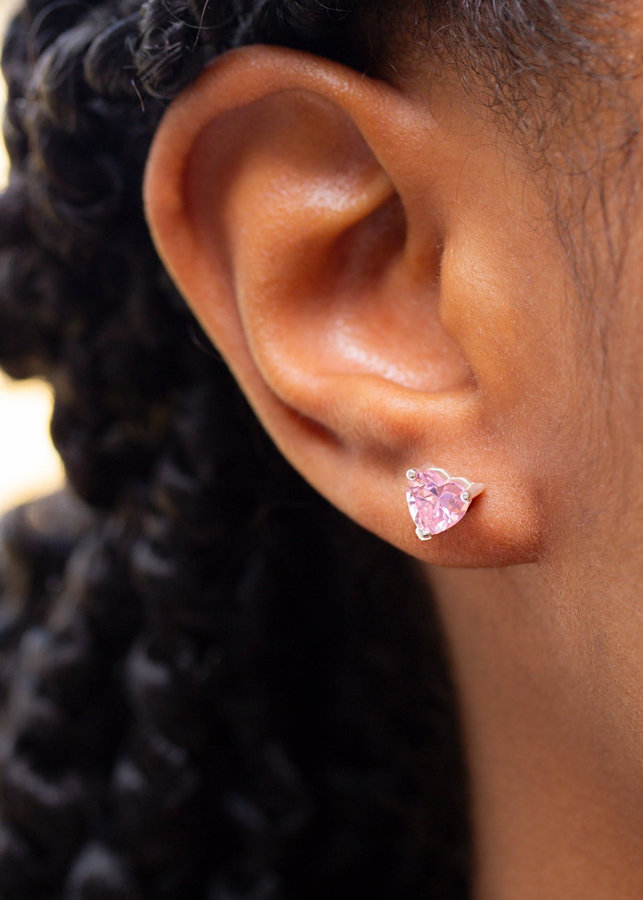 Golden Moments Sterling Silver Pink CZ Heart Stud Earrings