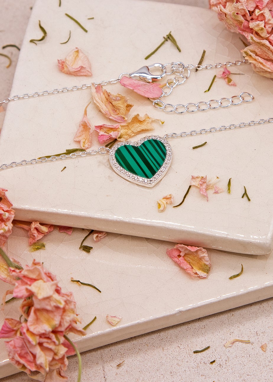 Golden Moments Sterling Silver Heart Malachite and CZ Necklace