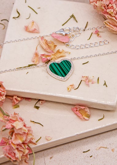 Golden Moments Sterling Silver Heart Malachite and CZ Necklace