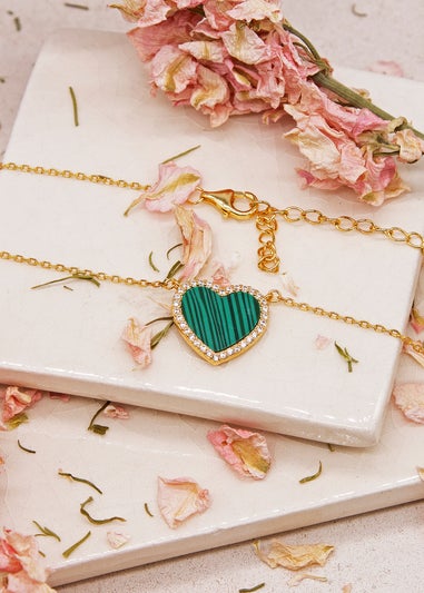 Golden Moments Yellow Gold Plated Heart Malachite and CZ Necklace
