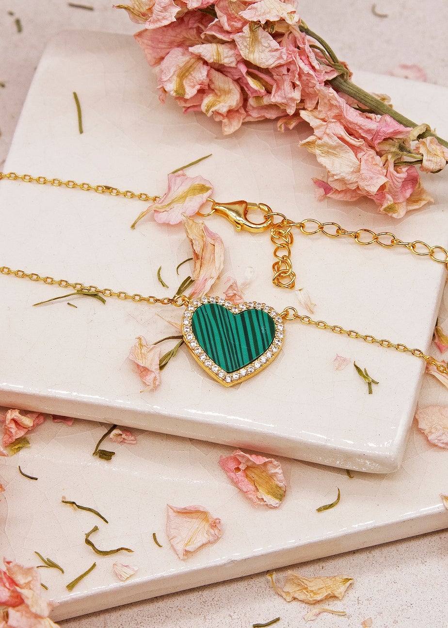 Golden Moments Yellow Gold Plated Heart Malachite and CZ Necklace