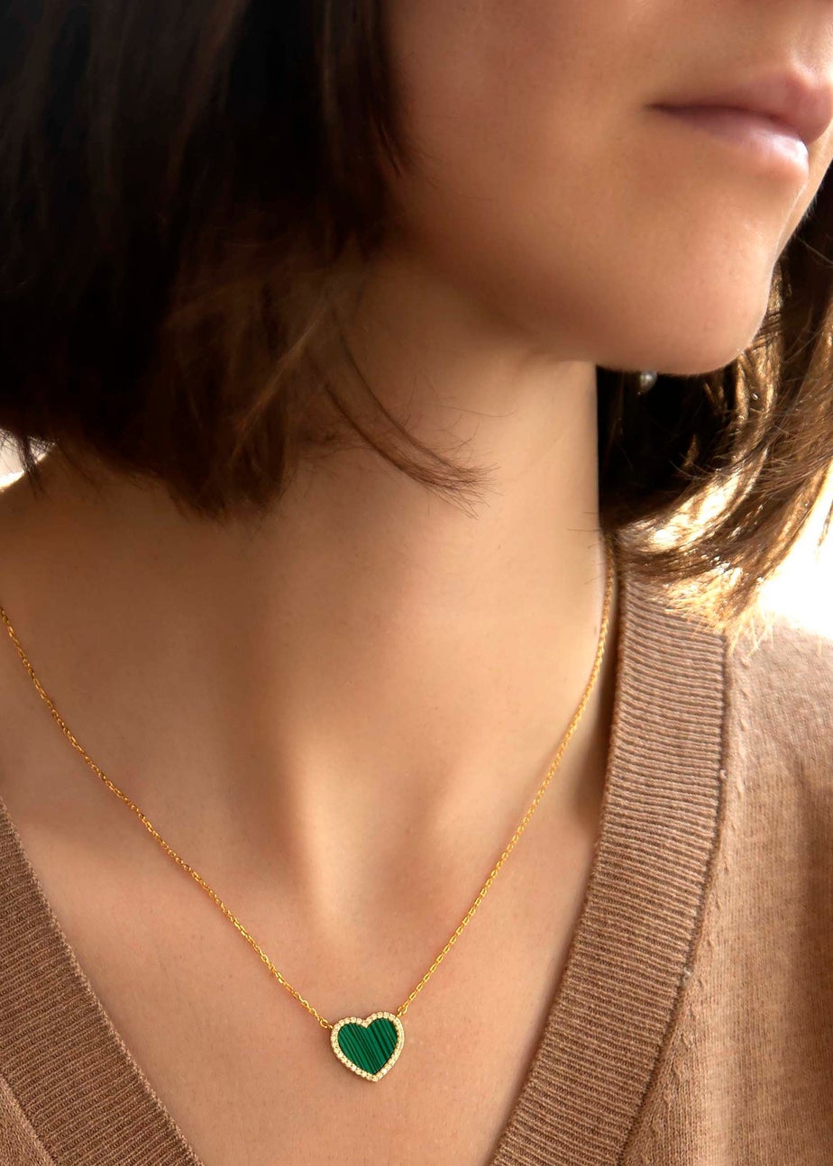 Golden Moments Yellow Gold Plated Heart Malachite and CZ Necklace