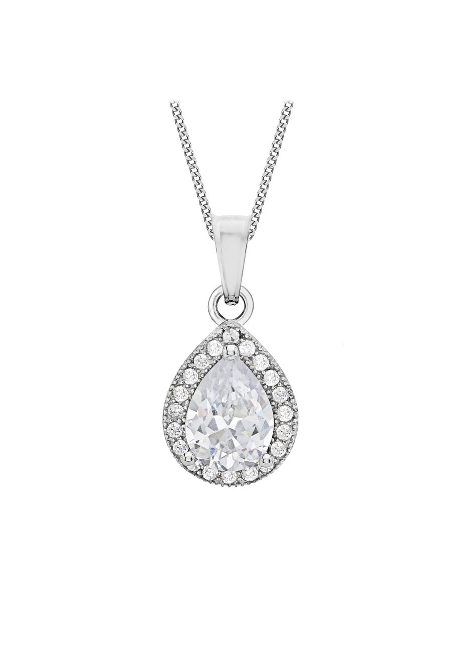Golden Moments Sterling Silver CZ Halo Teardrop Necklace