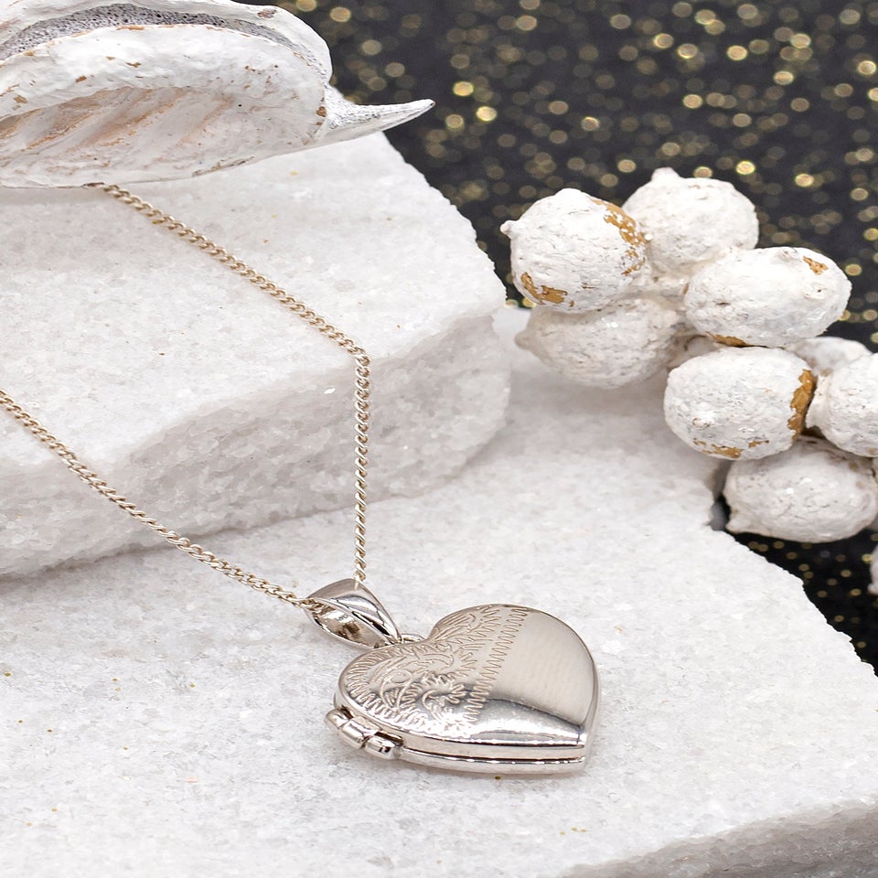 Golden Moments Sterling Silver Etched Heart Locket Necklace