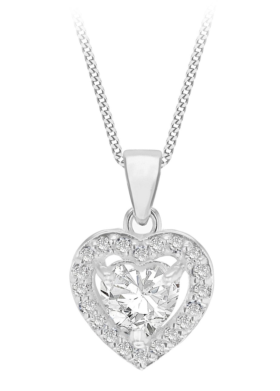 Golden Moments Sterling Silver White CZ Halo Heart Necklace