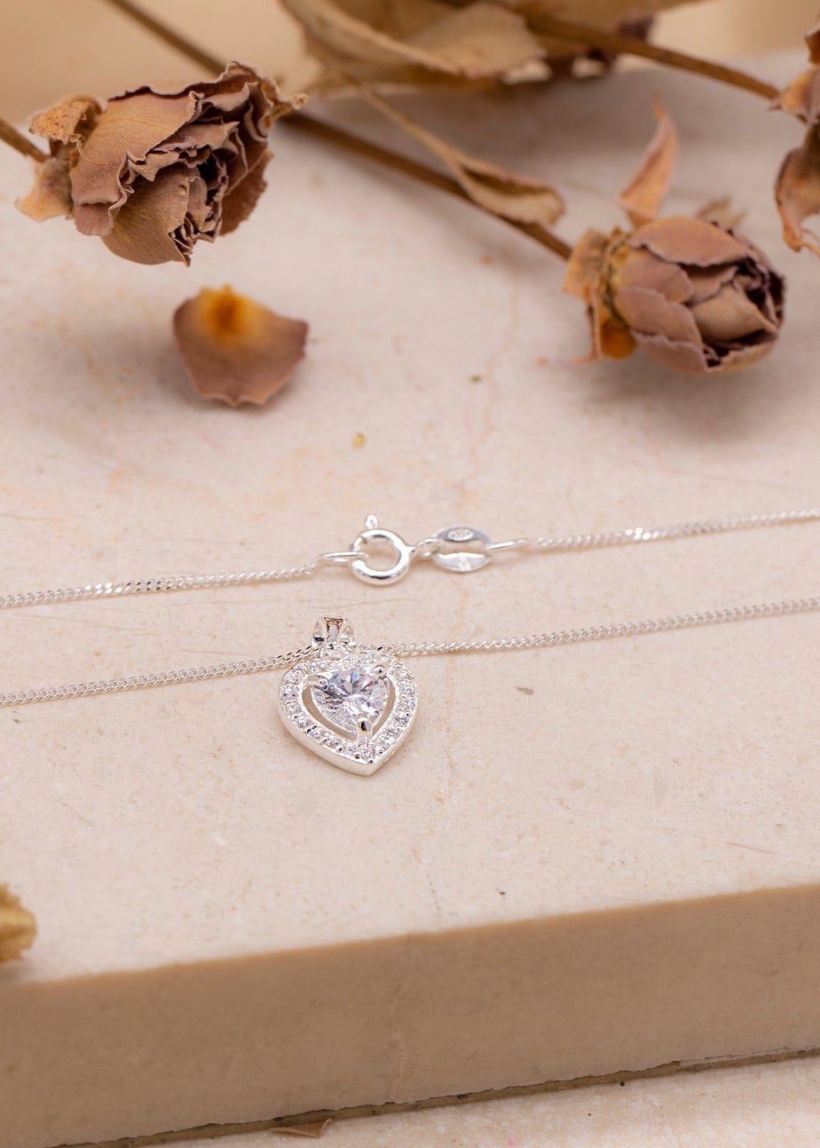 Golden Moments Sterling Silver White CZ Halo Heart Necklace