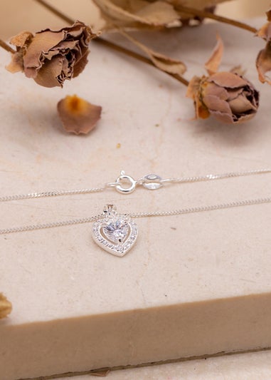 Golden Moments Sterling Silver White CZ Halo Heart Necklace