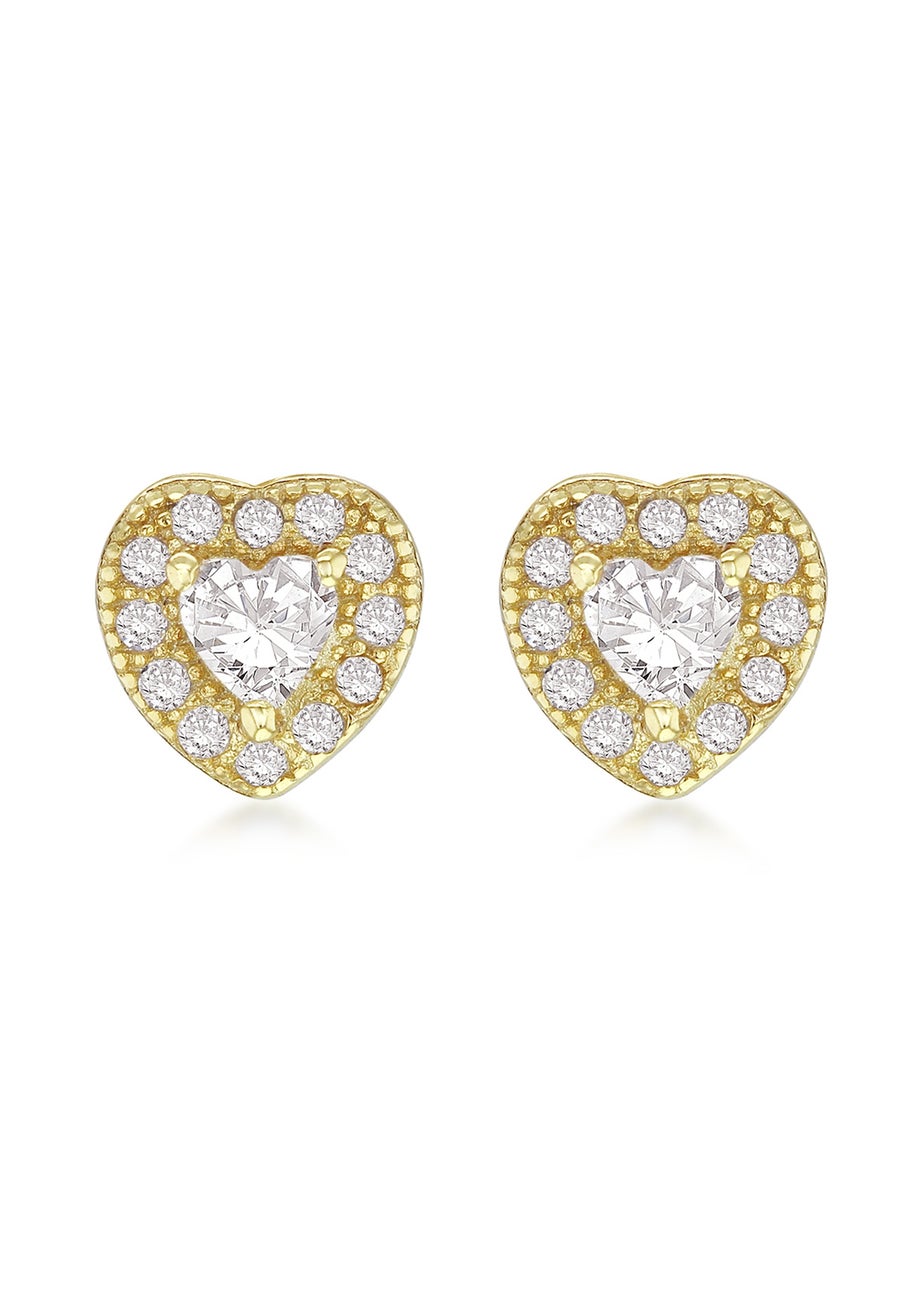 Golden Moments Sterling Silver Yellow Gold Plated CZ Heart Stud Earrings