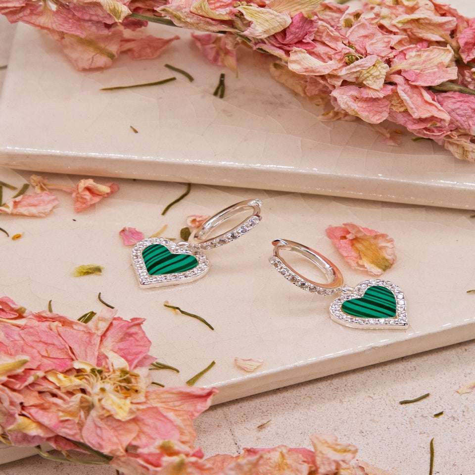 Golden Moments Sterling Silver Malachite and CZ Heart Drop Earring