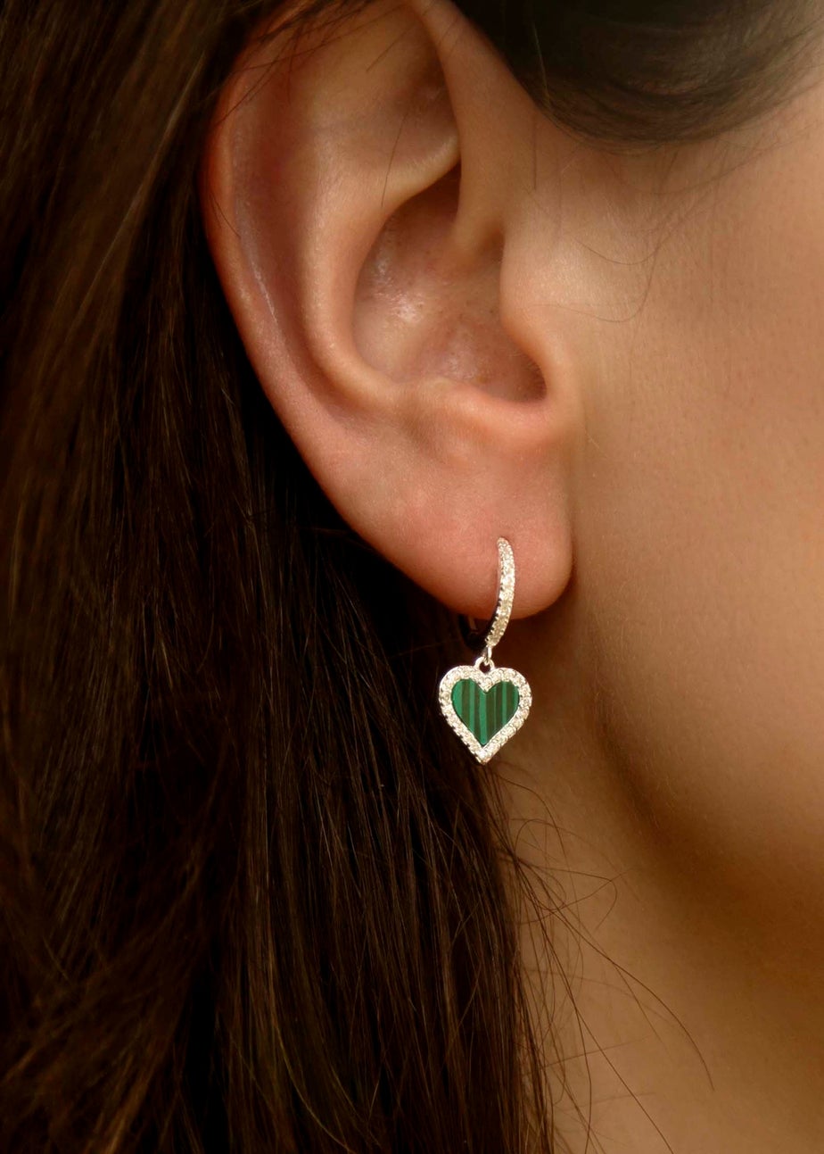 Golden Moments Sterling Silver Malachite and CZ Heart Drop Earring