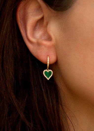 Golden Moments Sterling Silver Yellow Gold Plated Malachite and CZ Heart Drop Earring