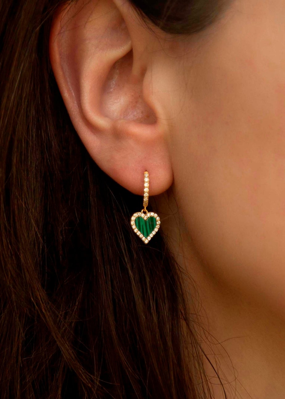 Golden Moments Sterling Silver Yellow Gold Plated Malachite and CZ Heart Drop Earring