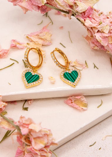 Golden Moments Sterling Silver Yellow Gold Plated Malachite and CZ Heart Drop Earring