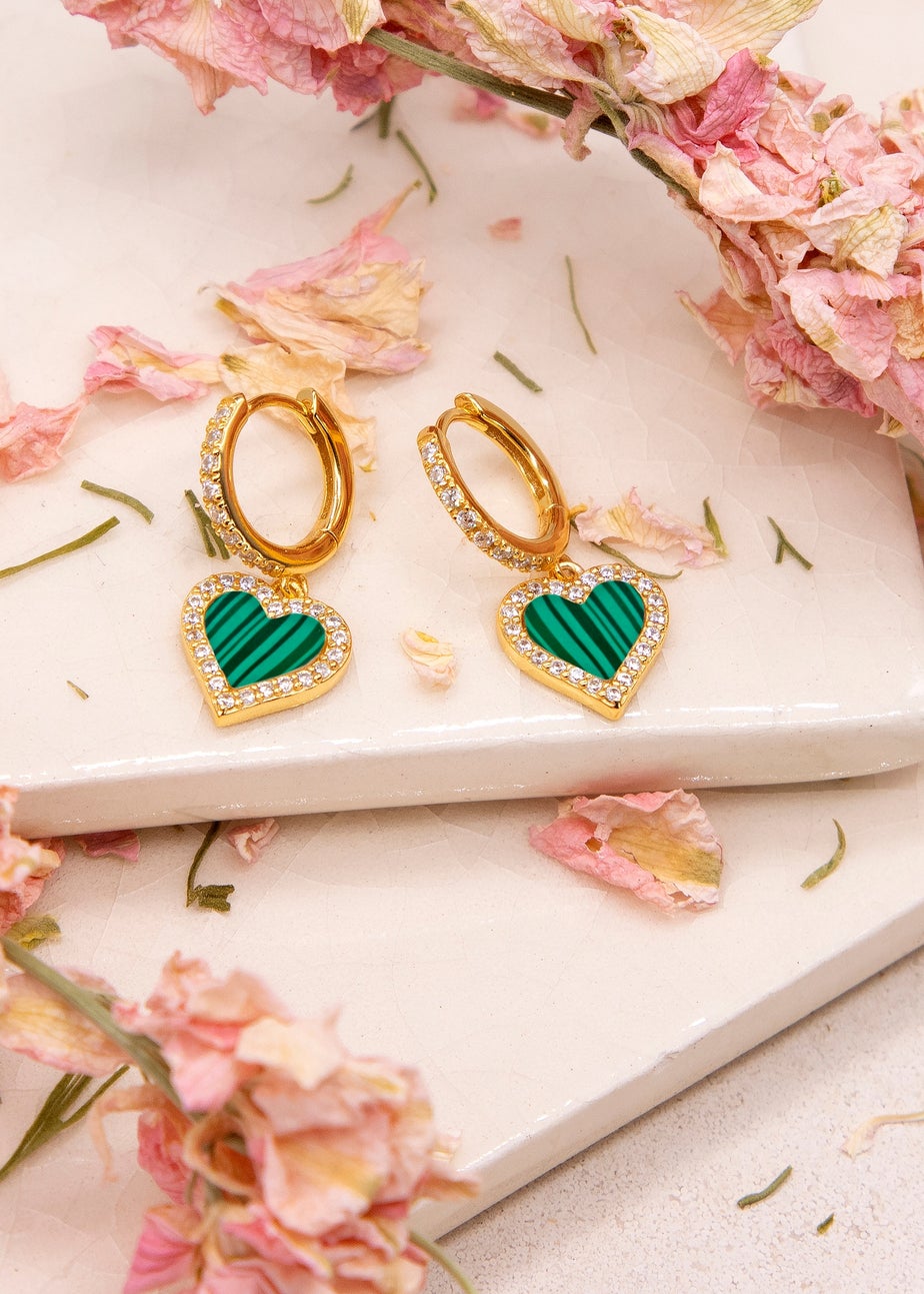 Golden Moments Sterling Silver Yellow Gold Plated Malachite and CZ Heart Drop Earring