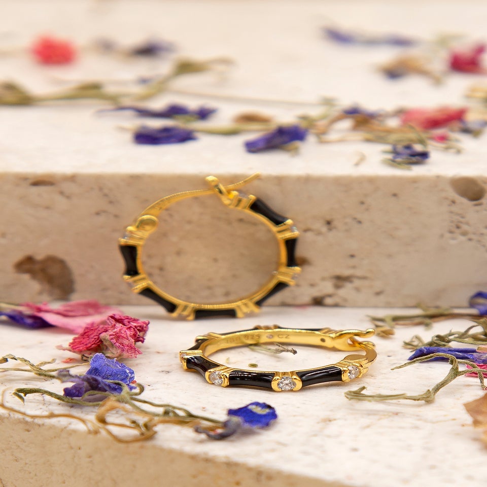 Golden Moments Yellow Gold Plated CZs Black Enamel Hoop Earrings