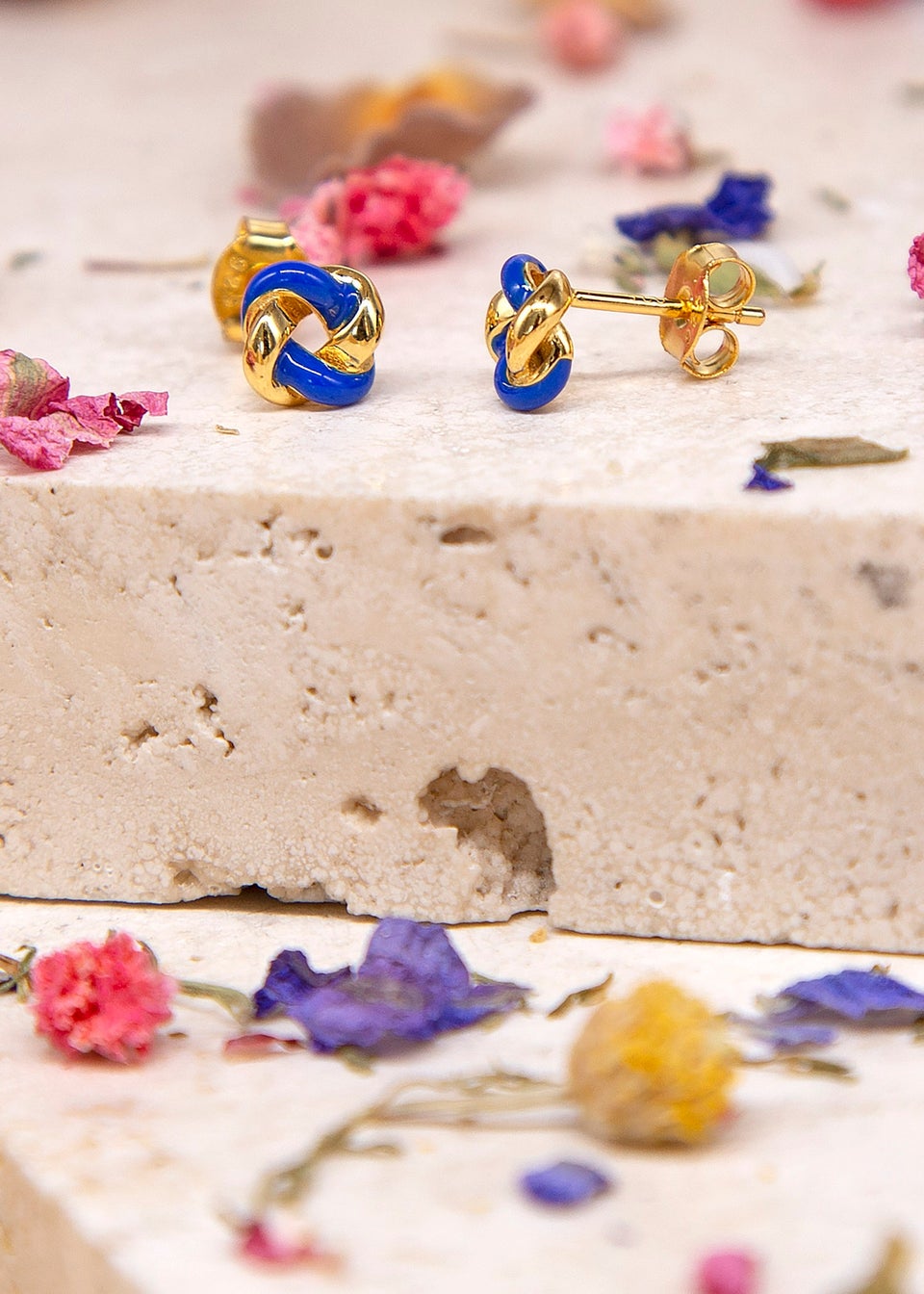 Golden Moments Yellow Gold Plated Blue Enamel Small Knot Studs