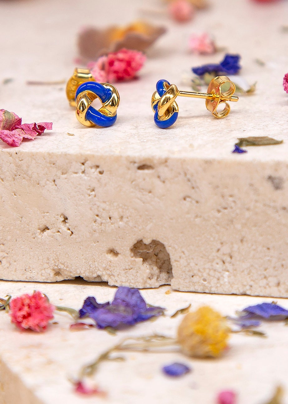 Golden Moments Yellow Gold Plated Blue Enamel Small Knot Studs