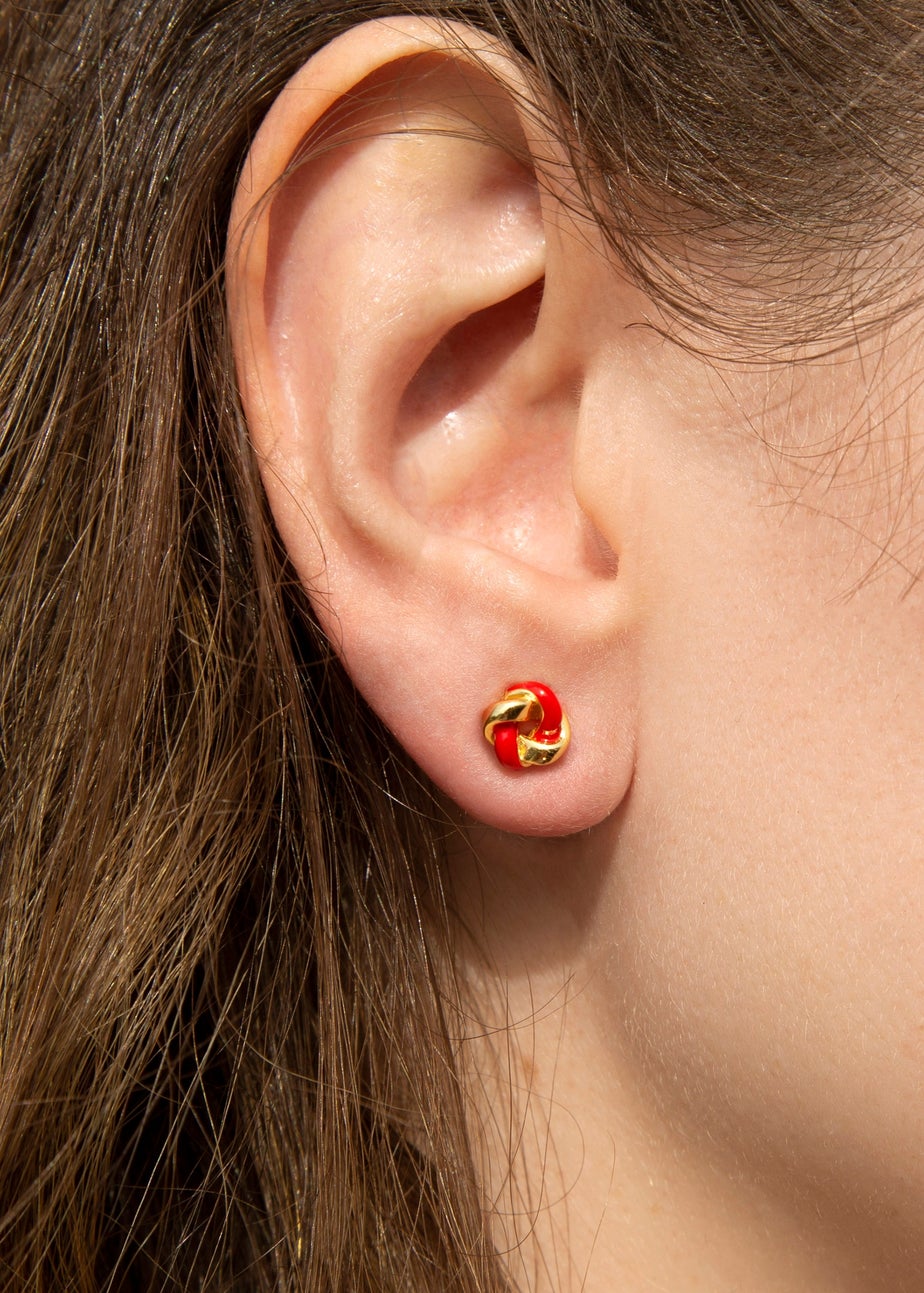 Golden Moments Yellow Gold Plated Red Enamel Small Knot Studs