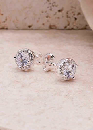 Golden Moments Sterling Silver CZ Halo Stud Earrings
