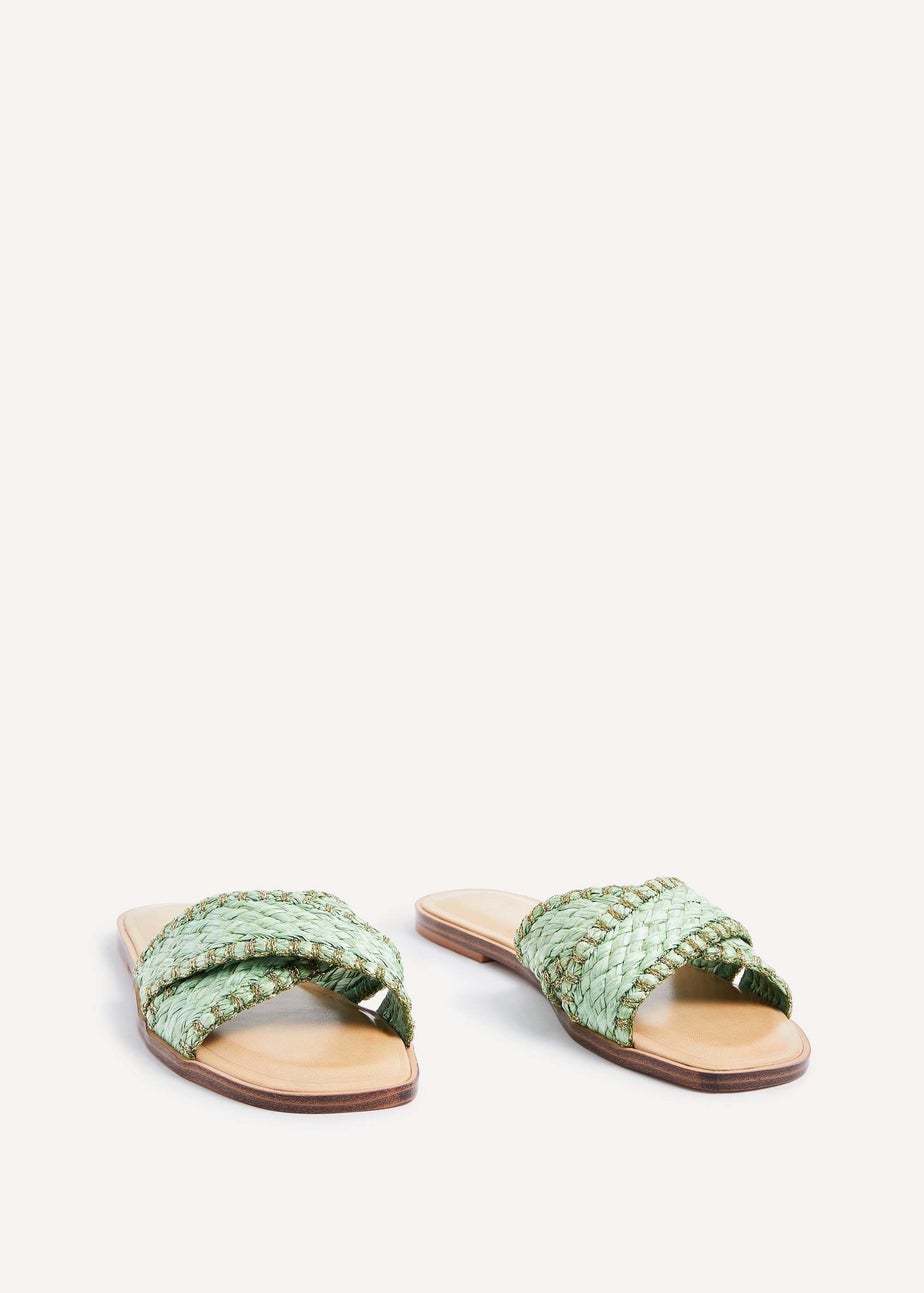 Linzi Honey Green & Gold Woven Crossover Flat Slider Sandals
