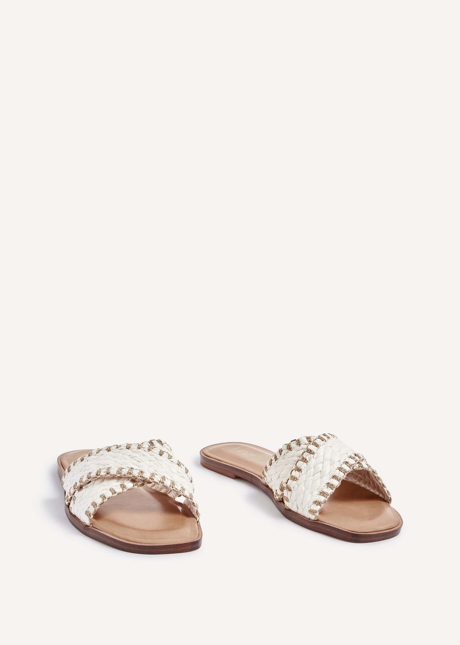 Linzi Honey White & Gold Woven Crossover Flat Slider Sandals
