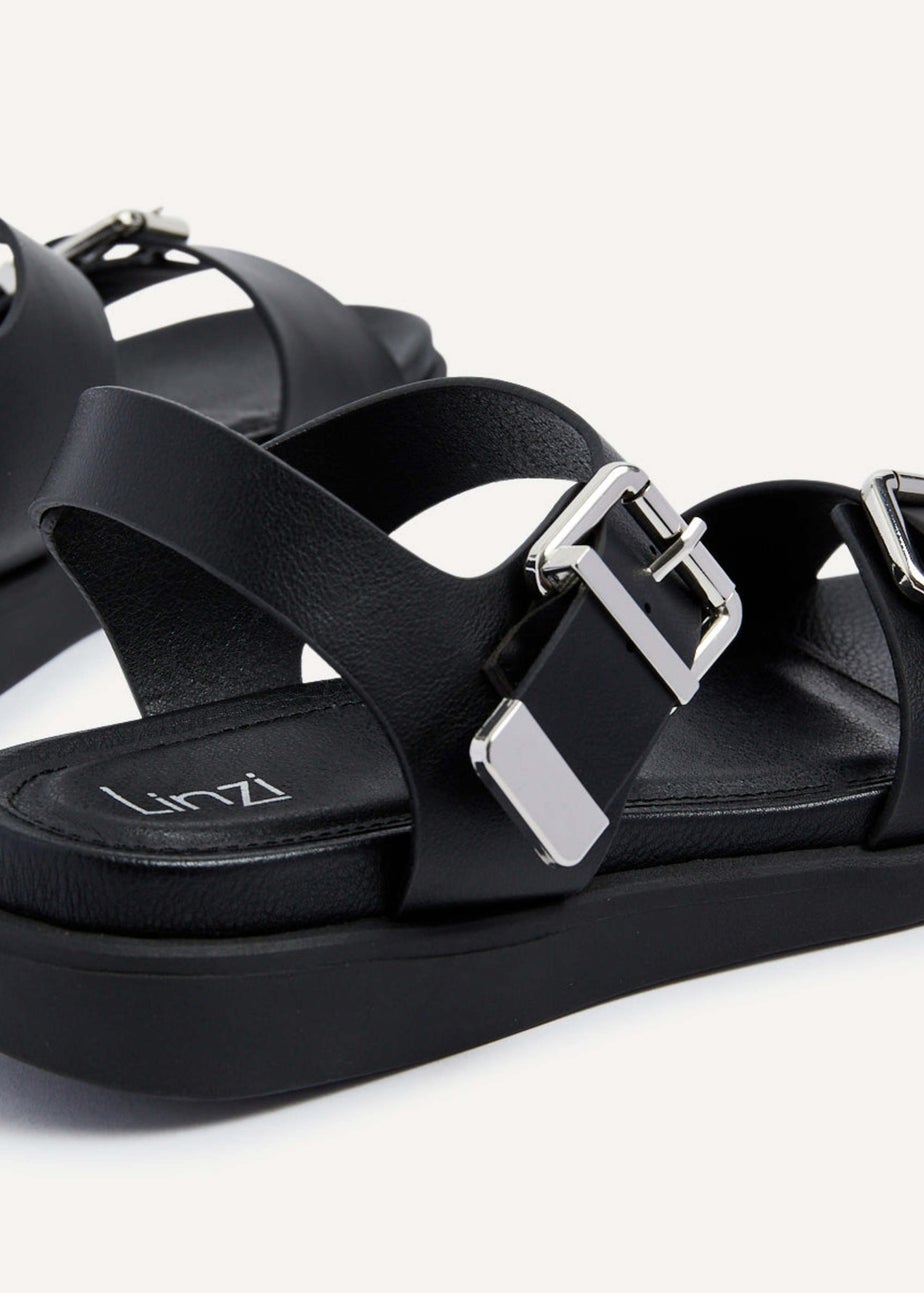 Linzi Jet Black Faux Leather Large Buckle Detail Two Part Sandal