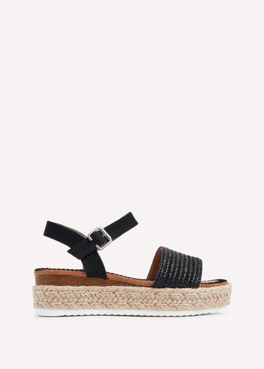 Linzi Panama Black Raffia Two Part Espadrille Inspired Flatform Sandal