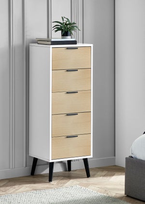 Julian Bowen Alba 5 Drawer Narrow Chest in White and Oak (120.5 x 45 x 40cm)