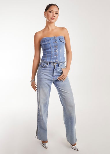 Pink Vanilla Blue Metallic Silver Foil Denim Corset Top