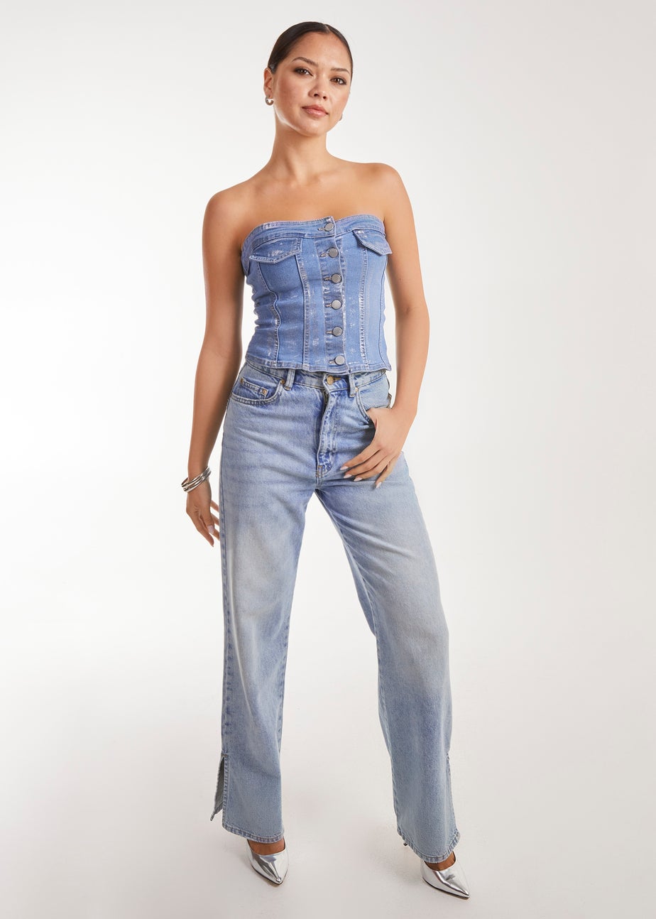 Pink Vanilla Blue Metallic Silver Foil Denim Corset Top