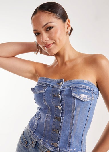 Pink Vanilla Blue Metallic Silver Foil Denim Corset Top