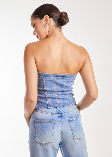 Pink Vanilla Blue Metallic Silver Foil Denim Corset Top