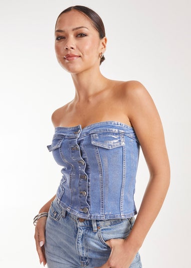 Pink Vanilla Blue Metallic Silver Foil Denim Corset Top