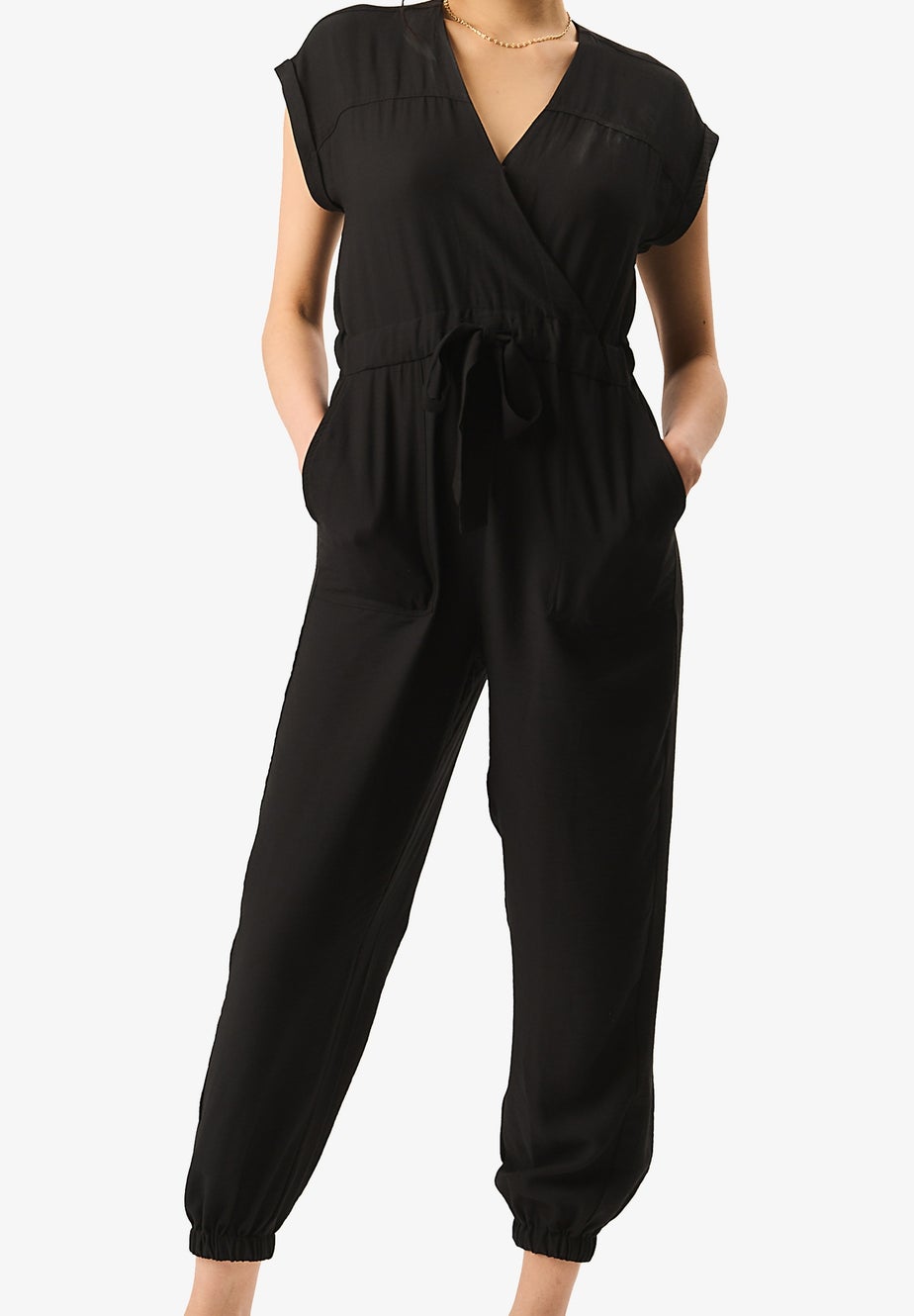 Gini London Black Waist Tie Pocket Detail Jumpsuit