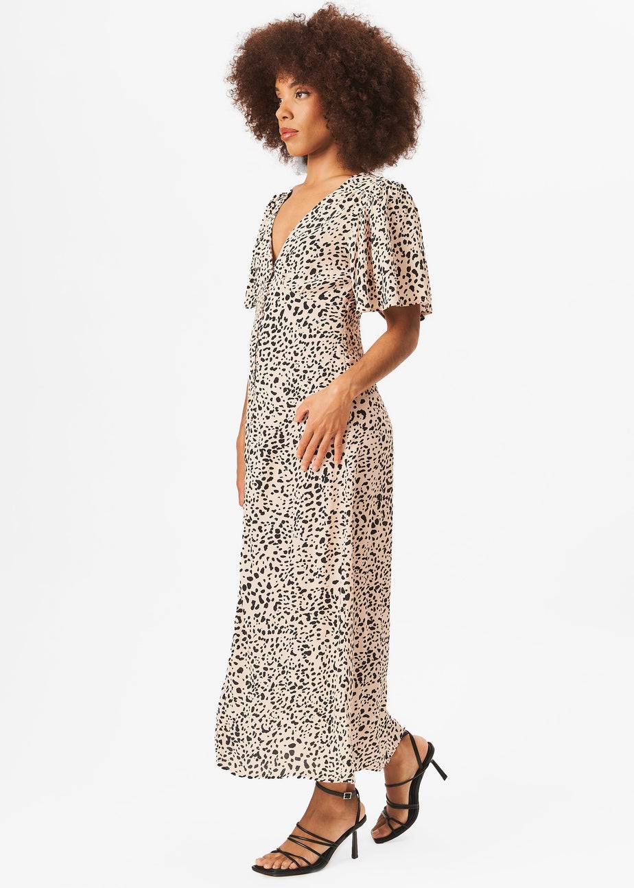 Gini London Beige Animal Print Button Down Midi Dress