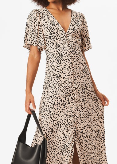 Gini London Beige Animal Print Button Down Midi Dress