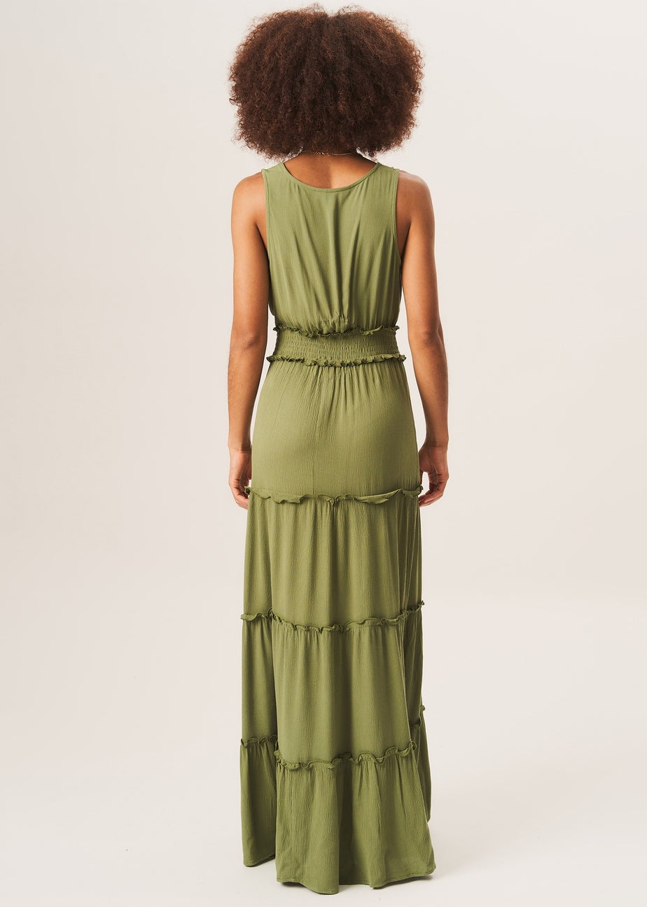 Gini London Khaki Shirred Waist Wrap Tiered Midi Dress